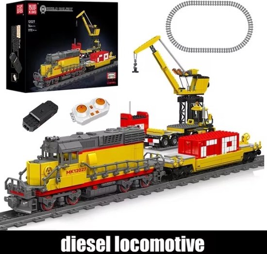 Mould King bouwblokken SD40 Union Pacific dieselloc met wagon, hijskraan, vrachtwagen en spoorlijn, met RC bediening, compatible met Lego trein