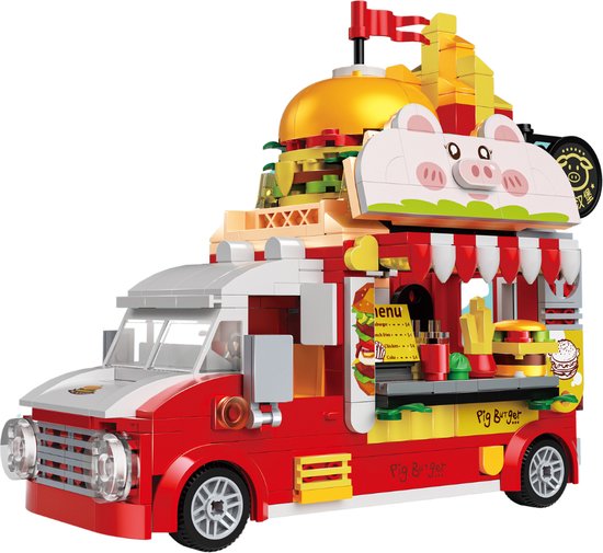 Zhe Gao Pork Hamburgertruck | City & Friends Adventure | Retro food truck | Classic Creator STEM speelgoed bouwpakket | Kermis & Pretpark Auto Foodtruck modelbouw kinderen & volwassenen | 566 bouwstenen (niet compatibel met Mould King of Lego stenen)