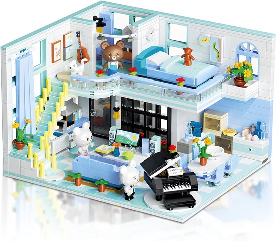 Zhe Gao - Poppenhuis knuffelbeer blauw | Modulaire architecture | Classic creator city huisje 3 minifigures , kat & bloemen | gebouwen speelgoed voor kinderen en volwassenen | 1165 bouwstenen (niet compatibel met Mould King of lego stenen)