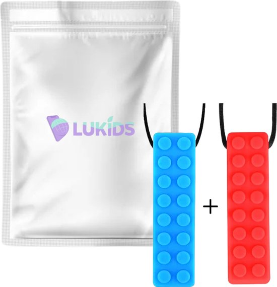 Lukids Bijtketting - Kauwketting - Kauwsieraad - Lego - Bijtketting jongen - 2 stuks - Blauw/Rood