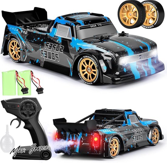 Mrs. Jones Op afstand bestuurbare auto drift 4WD 1:14 RC Drift auto 25 km/u op afstand bestuurde auto met sproeinevel en ledlicht RC drift raceauto speelgoed voor kinderen vanaf 8 jaar (blauw) met afstandsbediening LED verlichting .