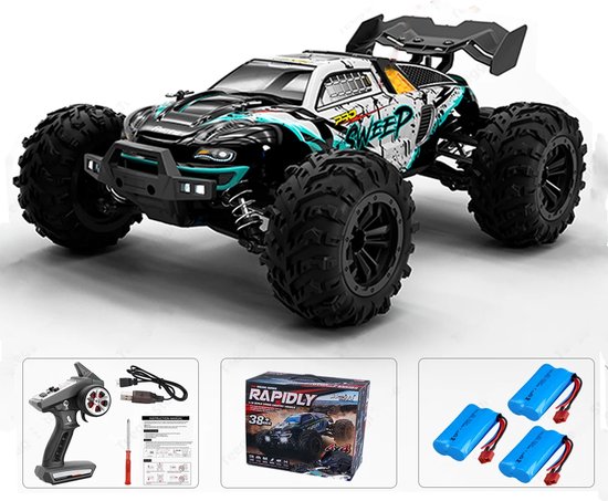 Comnox - RC Monster Truck 1:16 - 70 KM/H Drift - 4WD - LED Lights - Brushless Motor - All-Terrain - Zwart Blauw