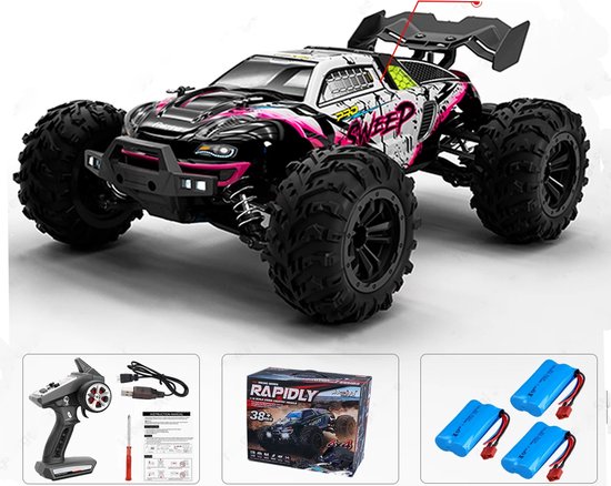 Comnox - RC Monster Truck 1:16 - 70 KM/H Drift - 4WD - LED Lights - Brushless Motor - All-Terrain - Zwar Rose