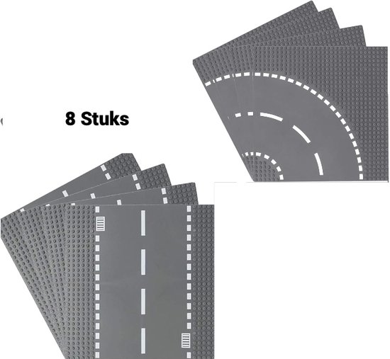 Set Wegplaten geschikt voor LEGO - 8 Stuks - Straat Bouw Platen - wegenplaat recht - bocht - 25, 5 m x 25,5cm