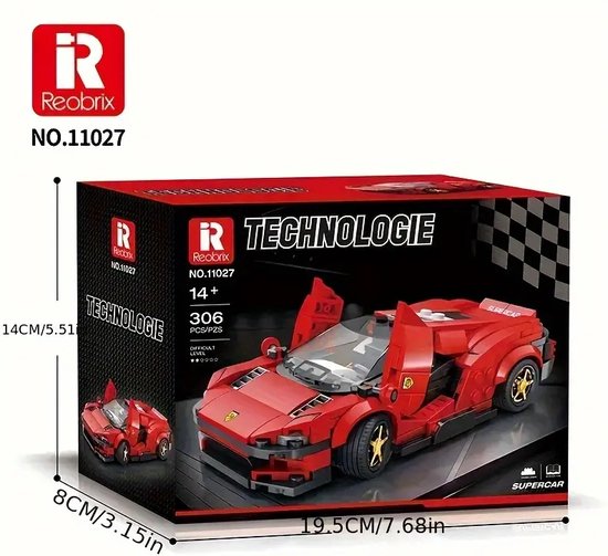 Bouwstenen Technic - Rode Race auto | Mini Racewagen met Display Box Bouwstenen | 306 Bouwstenen | (compatibel met Lego en Lego technic)