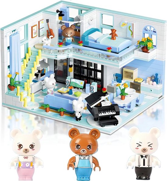 Zhe Gao - Poppenhuis knuffelbeer blauw | Modulaire architecture | Classic creator city huisje 3 minifigures , kat & bloemen | gebouwen speelgoed voor kinderen en volwassenen | 1165 bouwstenen (niet compatibel met Mould King of lego stenen)