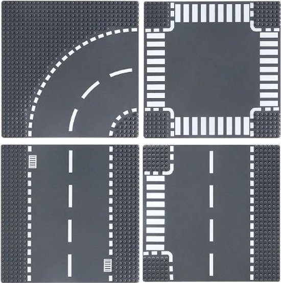grondplaten voor LEGO City wegenplaten voordeel set 4 st | City wegenplaat recht - bocht - Tsplitsing - kruising | combineer met Lego wegenplaten | grondplaten 32x32 noppen | afmeting 25, 5 m x 25,5cm |wegen | auto's | Geschikt voor LEGO | wegplaat