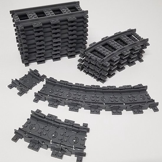 Treinrails aanvullingsset geschikt voor LEGO treinbanen, 10x recht, 5x bocht en 10x flexibele rails | compatible met Lego trein rails