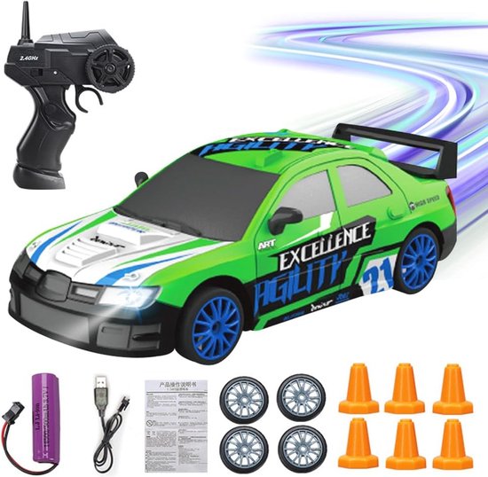 Op afstand bestuurbare driftauto 1:24 - 4WD RC speelgoed met LED-licht voor kinderen