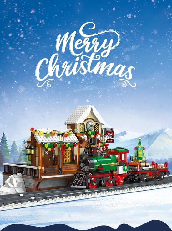 Kerst Trein en Station Bouwset - Verlicht - Compatibel met LEGO - 1362 Stenen - Perfect Kerstcadeau