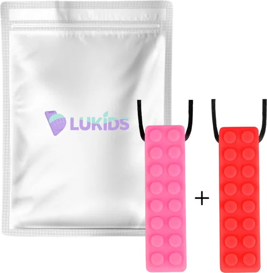 Lukids Bijtketting - Kauwketting - Kauwsieraad - Bijtketting Meisjes - Lego - 2 stuks - Roze/Rood