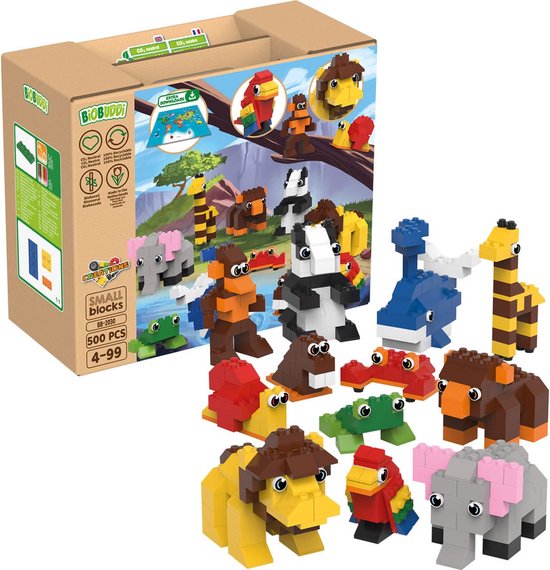 BiOBUDDi Dieren avontuur - Dieren speelgoed - Biologisch plastic - Passend op Lego Duplo - Inclusief stickervel - CO2 Neutraal + 100% Recyclebaar