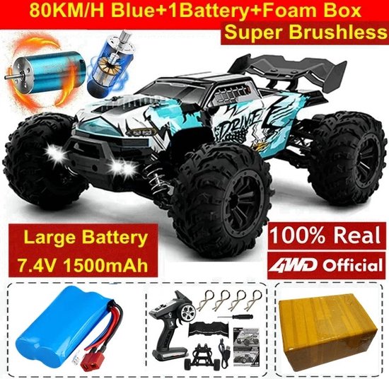 Bestuurbare Auto - RC Auto - Off Road Monster Truck - Off Road Monster Truck - 1 Meegeleverde Accu - 80kph - Blauw