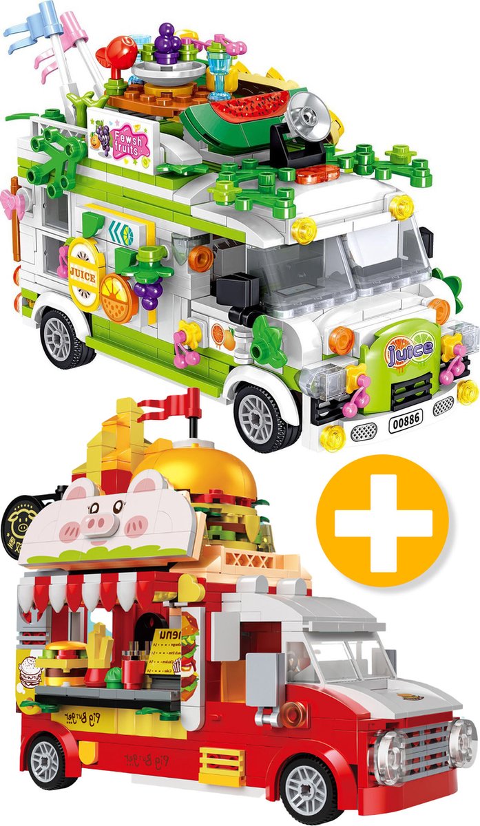 Zhe Gao Fruit truck + Pork hamburgertruck | City & Friends Adventure | Classic Creator STEM speelgoed bouwpakket | Kermis & Pretpark Auto Foodtruck modelbouw voor kinderen volwassenen | 1170 bouwstenen (niet compatibel met andere merken blokjes)