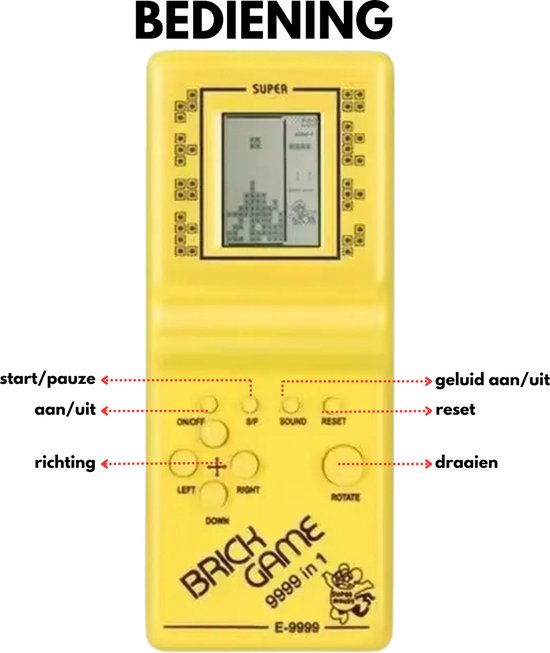 JustValue Handheld Spelcomputer Geel - Retro Spelcomputer - Spelcomputer Voor Kinderen - Spelcomputer Met Spelletjes - Classic game - Retro spel - Retro Game Stick - Blokken