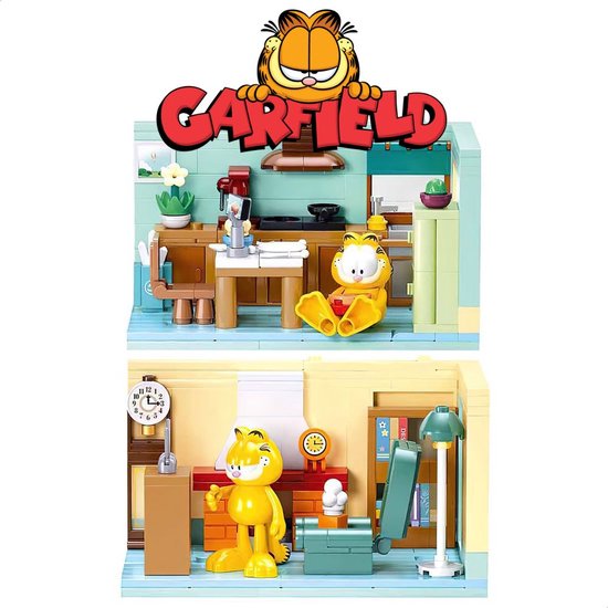 Sluban - Garfield poppenhuis bouwset meubels | Bekend van stripboeken funko pop speelgoed & dvd anime manga film | Bouwpakketten volwassenen & kinderen | 2in1 mega bouwsets | Architecture modelbouw | 4.9mm bloks | 2 minifigures | valentijn cadeautje