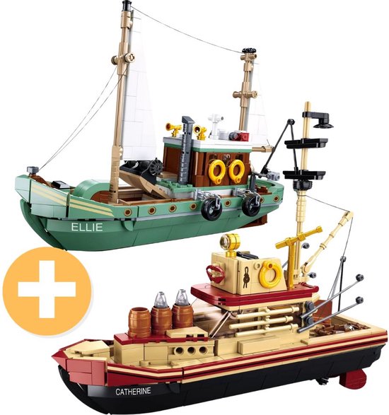 Sluban - Vissers boten | Scheepvaart & zeilboot avonturen | Classic creator ideas technic | STEM educatief speelgoed bouwpakket | Schip modelbouw volwassenen & kinderen | Bekend van DVD film Jaws | Incl. haai | 1202 bouwstenen