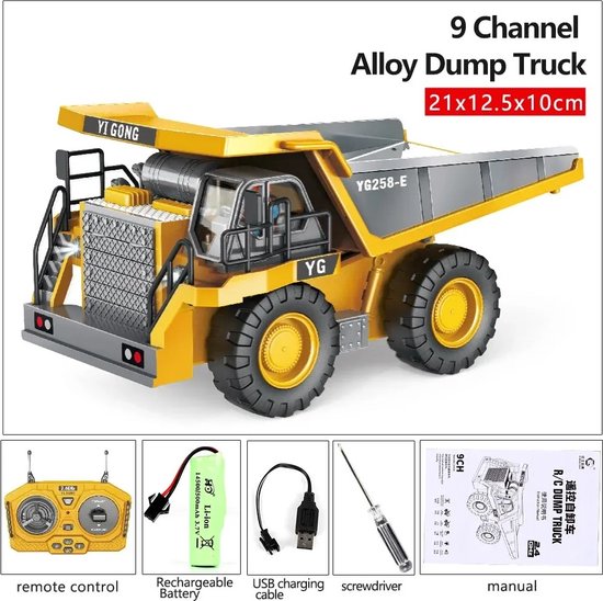 2.4G Rc Elektrische DUMP TRUCK Afstandsbediening GEEL Auto Speelgoed voor Jongens Radiobesturing Vooruit, Achteruit, Draai Rechts, Links, Kiepen, one-click demo, de console roteren 680 met muziek en licht. Kant- Klaar Kids Speelgoed Mooi DROOM Cadeau