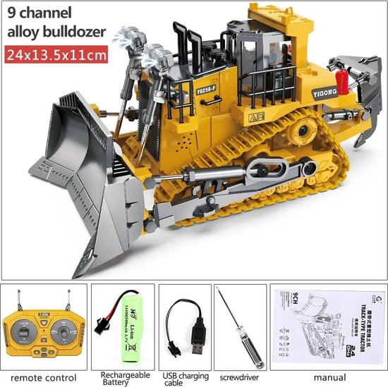 2.4G Rc Elektrische BULLDOZER Afstandsbediening GEEL Schaal 1 : 20 Auto Speelgoed Radiobesturing Vooruit, Achteruit, Draai Rechts, Links, Kiepen, one-click demo, de console roteren 680 met muziek en licht. Kant- Klaar Kids Speelgoed Mooi DROOM Cadea