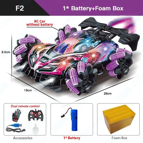 PAARS F2 Rc Drift Auto met Muziek Led Lights 2.4G Handschoen Gebaar Radio Afstandsbediening Spray Stunt Car 4wd Elektrische 360 ° ROTERENDE op de PLAATS CADEAU 28x19x8.5cm F2 Handschoenspray Stuntauto- Dansende Functie Draaiende Tijgerfluit Speelgoed