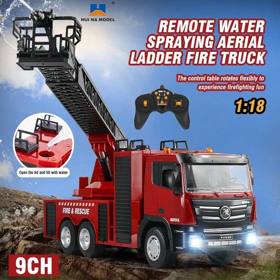 Rc Brandweerwagen 9ch 1/18 Grote Afstandsbediening Brandweerwagen Gesimuleerde Ladder Auto Brandsproeier -Vrachtwagen Vooruit, Achteruit, Links, Rechtsaf, Ladder links, Ladder rechtsaf, Licht aan, Licht uit, Waterschakelaar DROOM CADEAU Brandweerauto