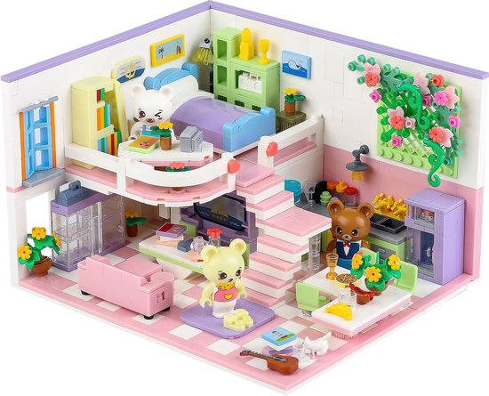 Zhe Gao - Poppenhuis knuffelbeer roze | Modulaire architecture | Classic creator city huisje 3 minifigures , kat & bloemen | gebouwen speelgoed voor kinderen en volwassenen | 1165 bouwstenen (niet compatibel met Mould King of lego stenen)