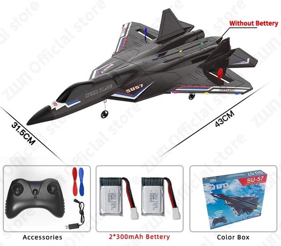 RC Vliegtuig - Afstandsbedienbaar Vliegtuig - Type Su57 - 2.4 Ghz - 2 Accu's - Zwart - Zeer sterk model