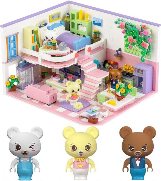 Zhe Gao - Poppenhuis knuffelbeer roze | Modulaire architecture | Classic creator city huisje 3 minifigures | Speelgoed voor kinderen en volwassenen | niet compatitel met lego sluban mega bloks | 1110 bouwstenen