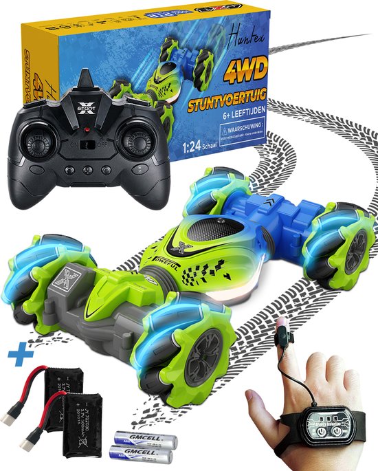 Huntex RC Stunt Car - Inclusief Extra Accu en batterijen - Radiografisch Bestuurbare Auto - Offroad - Transformerende Auto - Volwassenen en Kind - Blauw/Groen - 4wd Twist