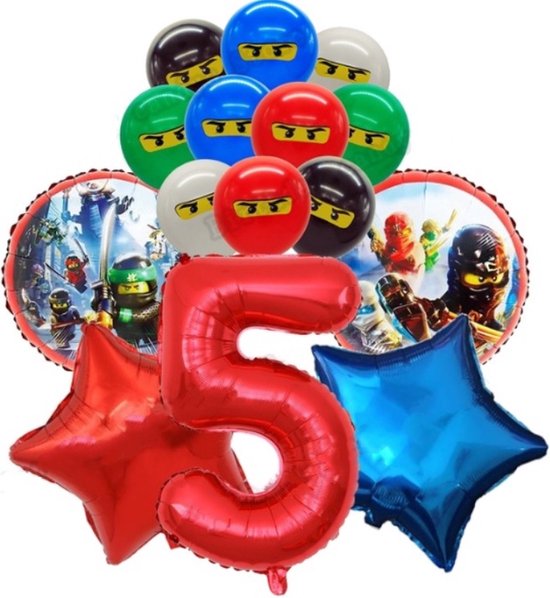 Lego Ninjago Ballonnen Set - Ninja Ballonnen Set 11 Stuks - Ninja Ballon Cijfer 5 - Ninja Ballon Vijf Jaar - Ninja Themafeest - Kinderfeestje Ninja - Ninja's Thema - Ninja Ballonnen