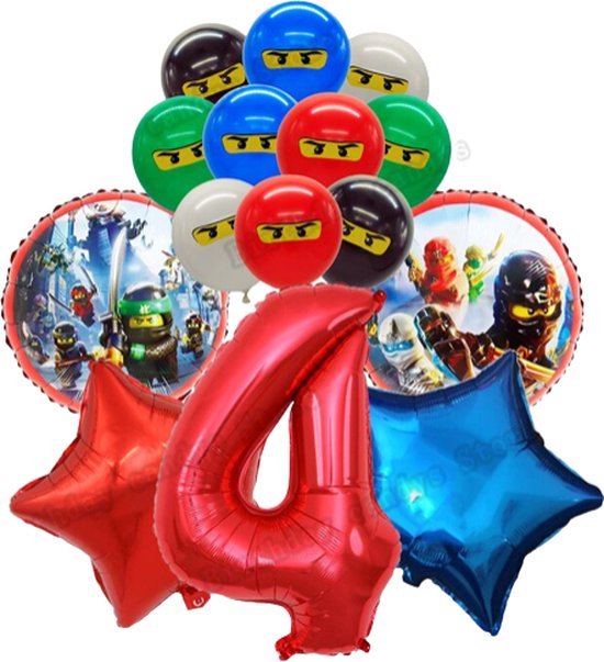 Lego Ninjago Ballonnen Set - Ninja Ballonnen Set 11 Stuks - Ninja Ballon Cijfer 4 - Ninja Ballon Vier Jaar - Ninja Themafeest - Kinderfeestje Ninja - Ninja's Thema - Ninja Ballonnen