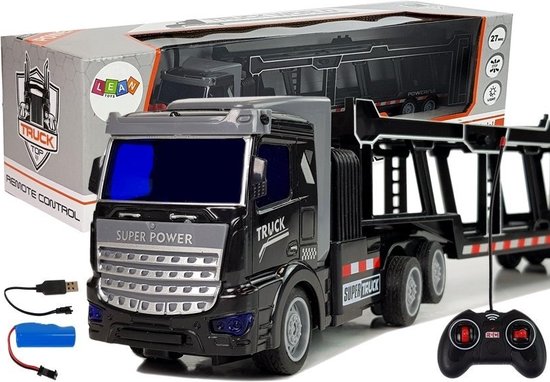 Bestuurbare vrachtwagen - met autotrailer - 36x5x7,5 cm - zwart