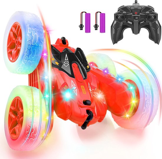 Stuntauto met Afstandsbediening – 2.4GHz Dubbelzijdige 360° Flip Race Auto met LED-verlichting – Oplaadbaar Speelgoed voor Kinderen (Jongens en Meisjes) – Perfect Verjaardagscadeau, Rood