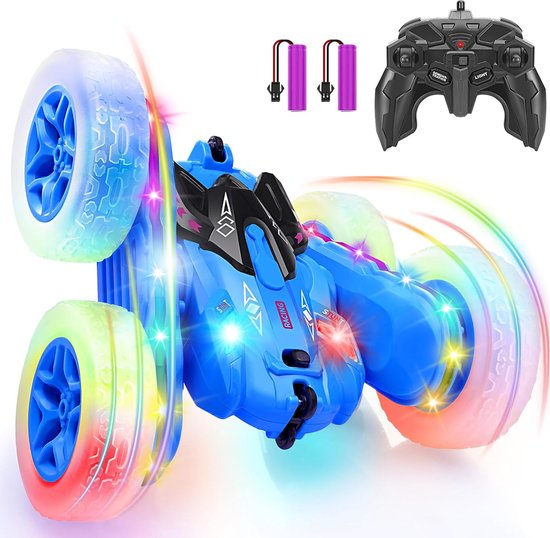 Stuntauto met Afstandsbediening – 2.4GHz Dubbelzijdige 360° Flip Race Auto met LED-verlichting – Oplaadbaar Speelgoed voor Kinderen (Jongens en Meisjes) – Perfect Verjaardagscadeau, Blauw