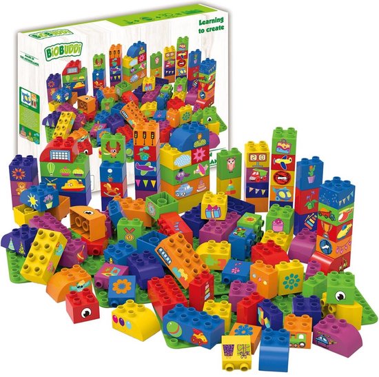 BiOBUDDi Bouwset met 3 basisplaten - Bouwspeelgoed - Biologisch plastic - Passend op Lego Duplo - Inclusief stickervel - CO2 Neutraal + 100% Recyclebaar