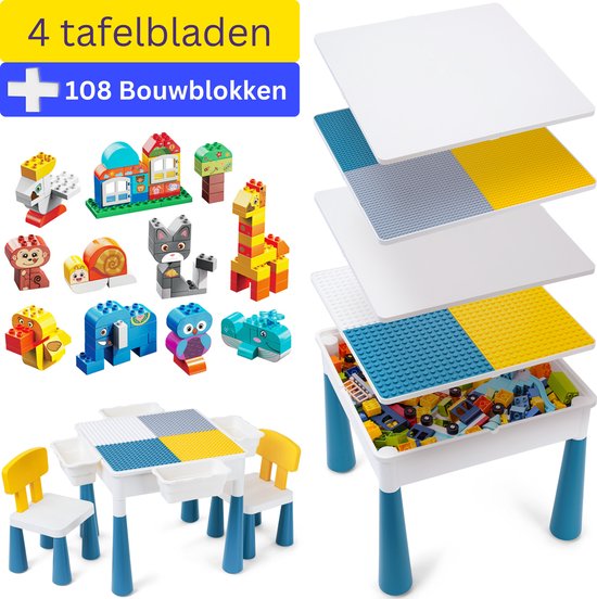 【Alles-in-1 Profi Promo】Bouwtafel Set + 108-delig Grote Bouwstenen - Kindertafel met 2 Stoeltjes en 4 Bakjes - Blokkentafel - Speeltafel - Blokken Tafel Kinderen - Constructie Speelgoed - Geschikt voor Duplo (Grote) & Lego (Kleine) Bouwstenen