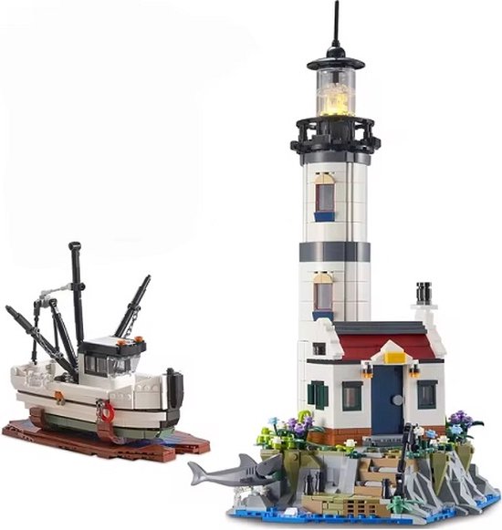 bouwblokjes vuurtoren met vissersboot, 1677 steentjes, compatibel met Lego en Sluban