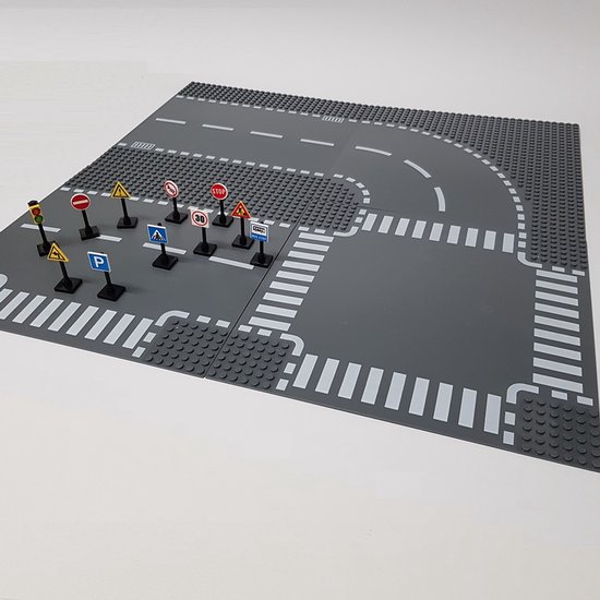 bricksNblocks | grondplaten voor LEGO City wegenplaten voordeel set 4 st en verkeersbordenset met verkeerslicht | City wegenplaat recht, bocht, Tsplitsing, kruising | combineer met Lego wegenplaten | wegen | auto's | Geschikt voor LEGO | wegplaat