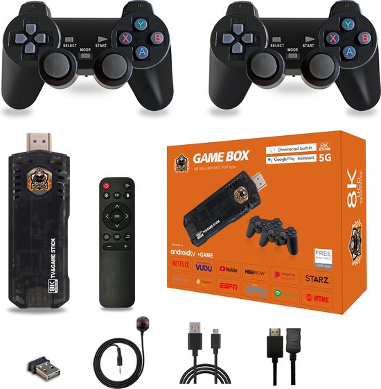 Game Tv Stick 8k Ultra HD Set Top Box With Dual Wireless Controller, HDR, 8K Retro Video Games, 10000 Plus Games, Android Game Console