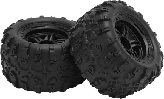 2 Stuks Zwarte Rubberen en Kunststof RC Autobanden en Velgen - Goede Antislip Grip voor 1/16 Op Afstand Bestuurd Terreinvoertuig