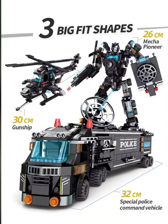 Bricks99 Politie / Swat 1000-delige bouwstenenset 8-in-3 zwart | Lego compatibel | Leeftijd 6+