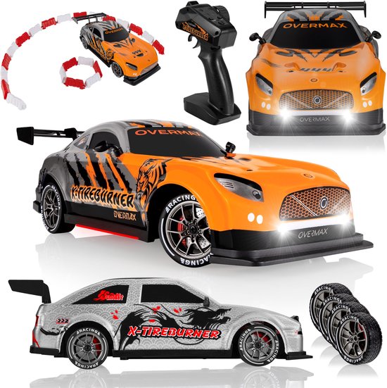 Overmax RC X-Tireburner Auto – Drift & Race – 20 km/u – Twee verwisselbare body's - twee unieke stijlen - 2 Snelheidsstanden – 2 Batterijen – 40 min Speeltijd – 2 Carrosserieën – 2 Wielensets – LED Verlichting – Obstakelset – Gecodeerde Besturing
