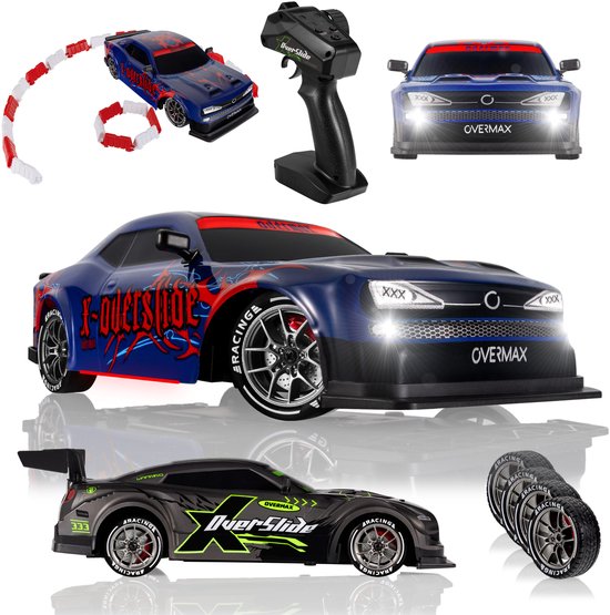 Overmax X-Overslide RC Auto – 2-in-1 Drift & Race – 20 km/u – 2 verwisselbare body's - 2 unieke stijlen – 2 Snelheidsstanden – 2 Batterijen – 40min Speeltijd – 2 Carrosserieën – 2 Wielensets – LED Onderverlichting – Obstakelset – Gecodeerde Besturing