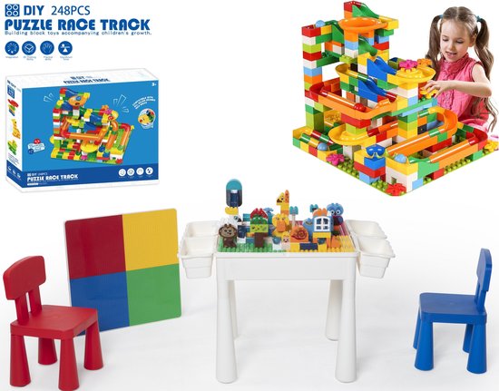 【Profi Promo】Bouwtafelset inc. 248 bouwblokken voor LEGO & DUPLO - Multifunctioneel Kinderbouwtafel met 2 stoelen + 4 Opbergbakken - Constructietafel, Kinderwerktafel, Speeltafel, Zandbak, Watertafel - Kindertafel en stoelen - Klassieke Mondriaan